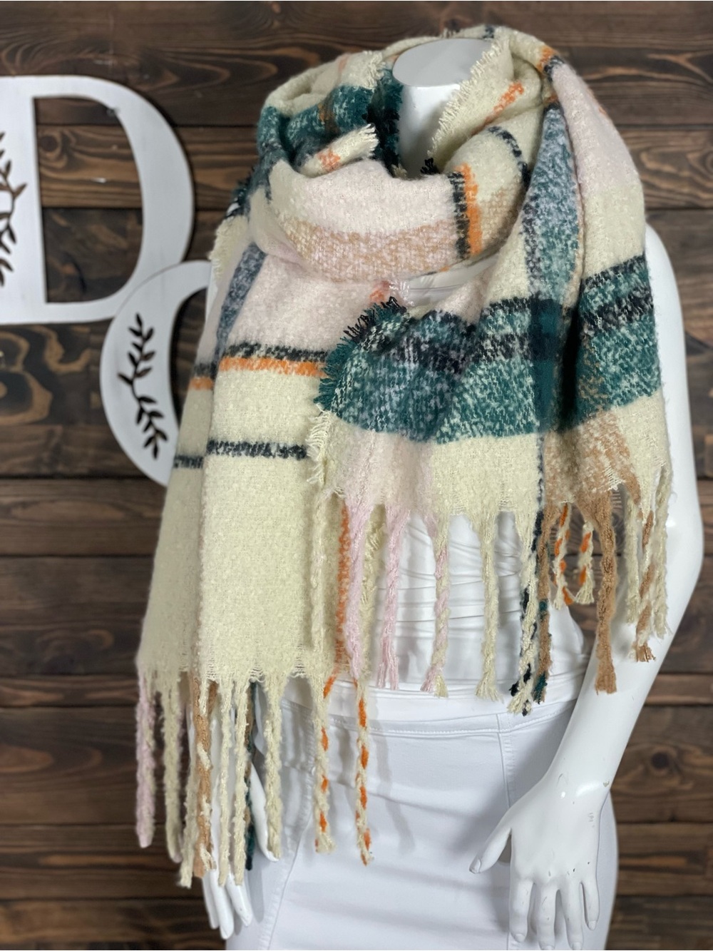 Steve Madden | Chunky Cozy Cream Plaid Fringe Knit Scarf